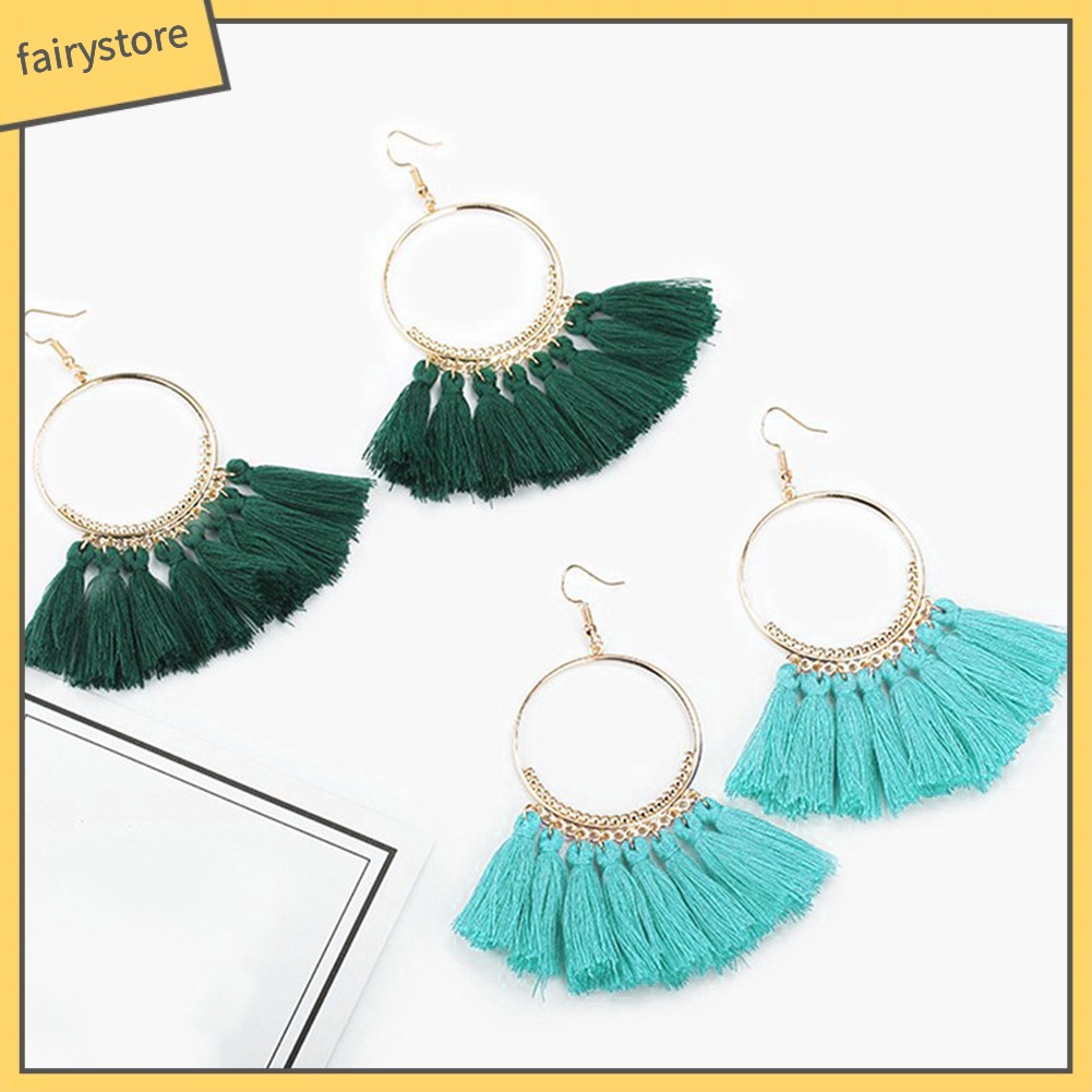 Khuyên Tai Tròn Đính Đá Phối Tua Rua Phong Cách Bohemian