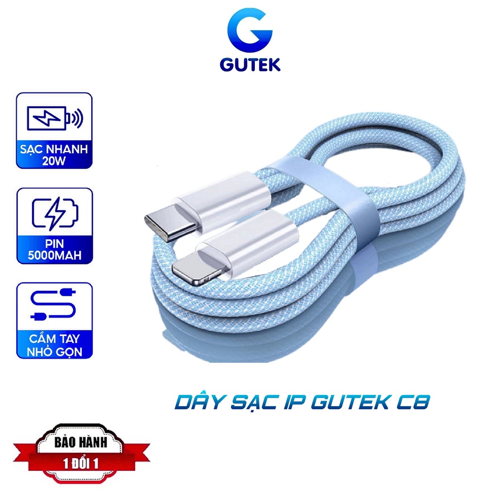Dây sạc nhanh ip Gutek C8 bọc dù cho 6 7 8 plus xsmax 11 12 13 pro max