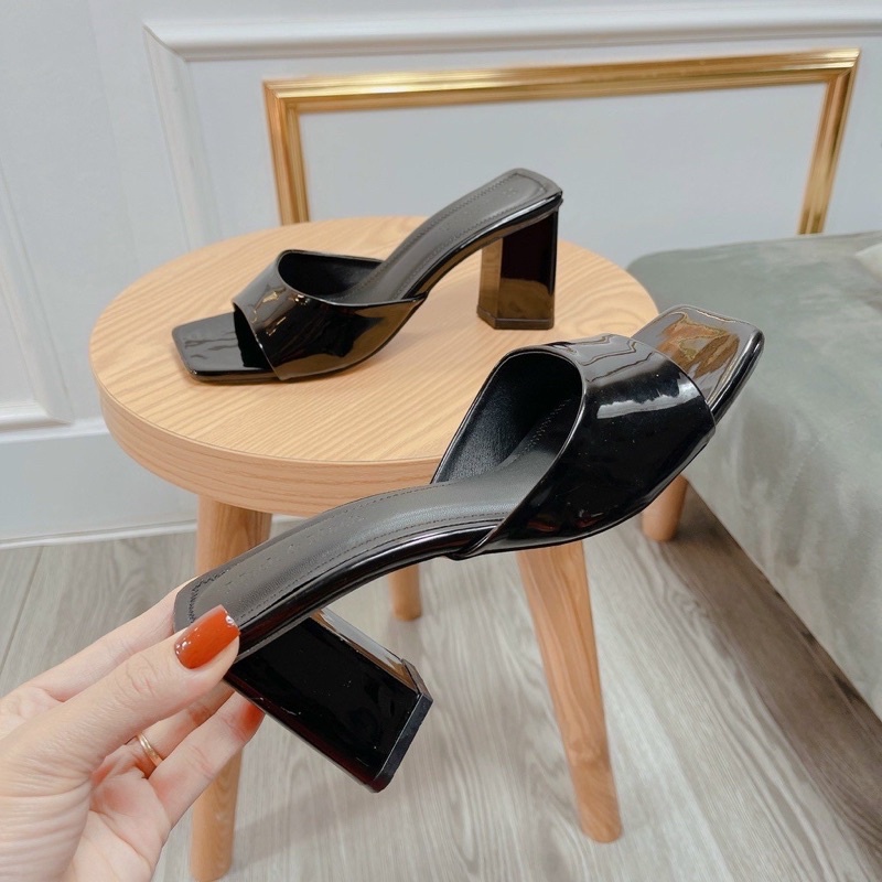 Dép cao gót 8 phân quai bản da bóng gót hình Thang đẹp độc