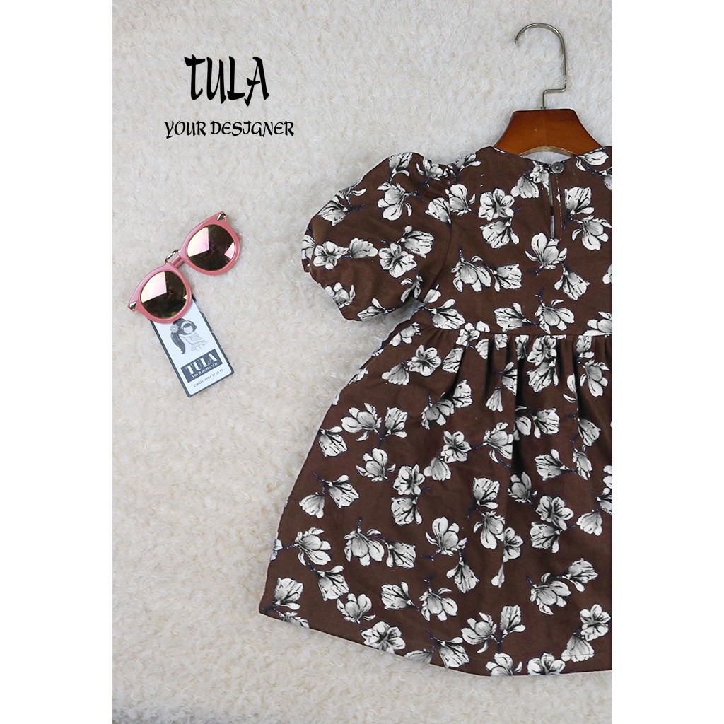 Váy Đầm Bé Gái Phối Ren Trắng Màu Họa Tiết Hoa Nền Nâu Cực Xinh Vải Thô Cào Bông Hàn Quốc