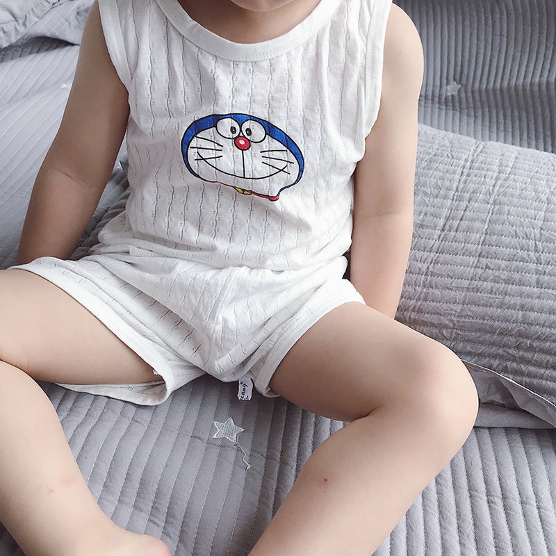 Bộ vest trẻ em mùa hè cotton nguyên chất 2021 áo vest ở nhà mới dành cho trẻ em và trung học, bộ đồ ngủ mỏng dành cho trẻ em trai và trẻ em gái