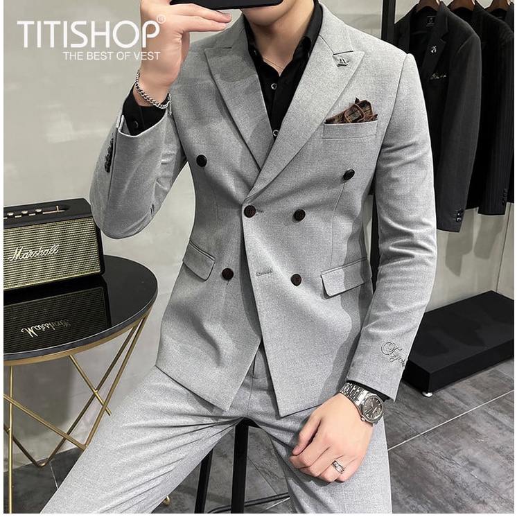 Vest Nam đẹp 6 cúc màu ghi xám, Áo Blazer nam phong cách Hàn Quốc