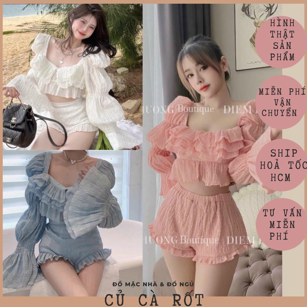 🔥HOT🔥 Set bộ đũi thiết kế áo bẹt vai nhún quần ngắn viền bèo siêu xinh