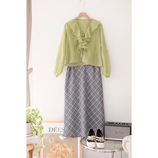 Ceci Cela - Áo Thun Cổ Bẻ Pola / Midi skirt Green caro