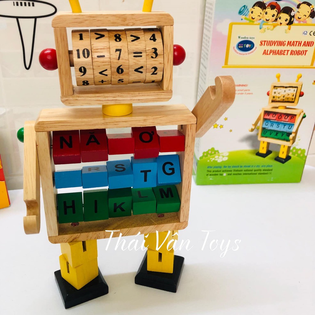 Bộ đồ chơi robot bằng gỗ cho bé | Đồ chơi robot xoay học chữ cái và phép tính | Robot đồ chơi gỗ