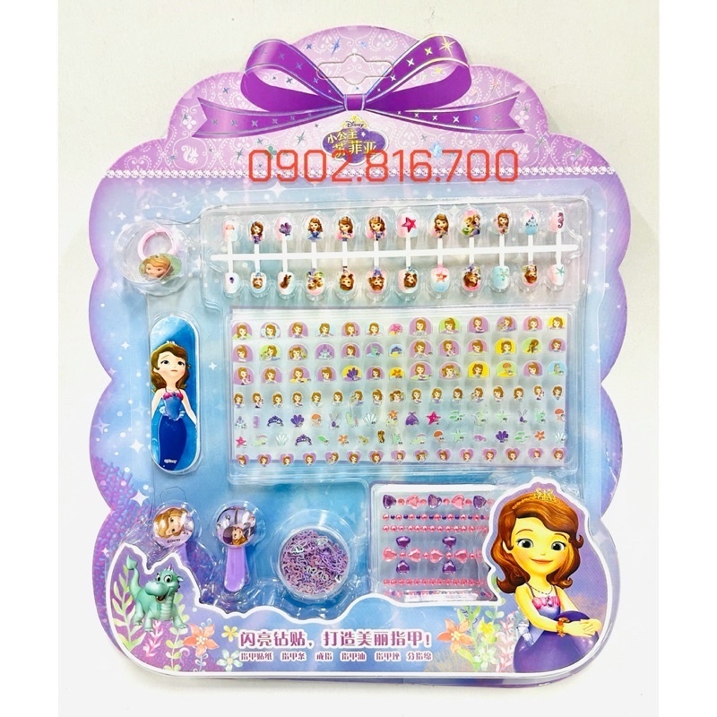 Vỉ đồ chơi trang điểm làm móng làm nails sticker 3D nổi dán móng tay cho bé gái hình Elsa-babie-Kitty-Pony-sofia-Ariel