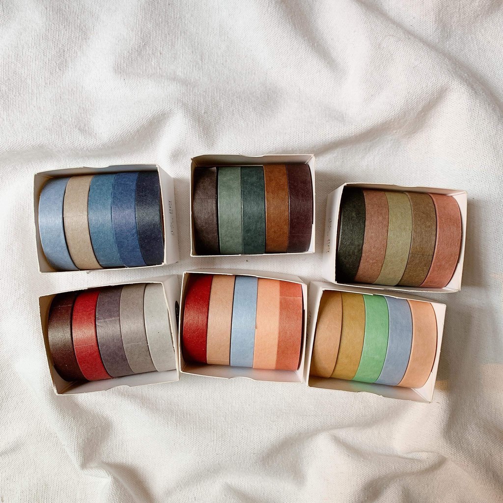 Set 5 Cuộn Washi Tape Trơn Tone Trầm / Pastel - Hộp 5 Cuộn Băng Dính Washi Trơn