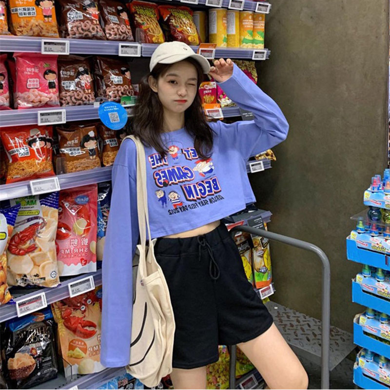 IELGY Áo Thun Tay Dài In Họa Tiết Màu Xanh Dương Thời Trang Hàn Quốc Cho Nữ