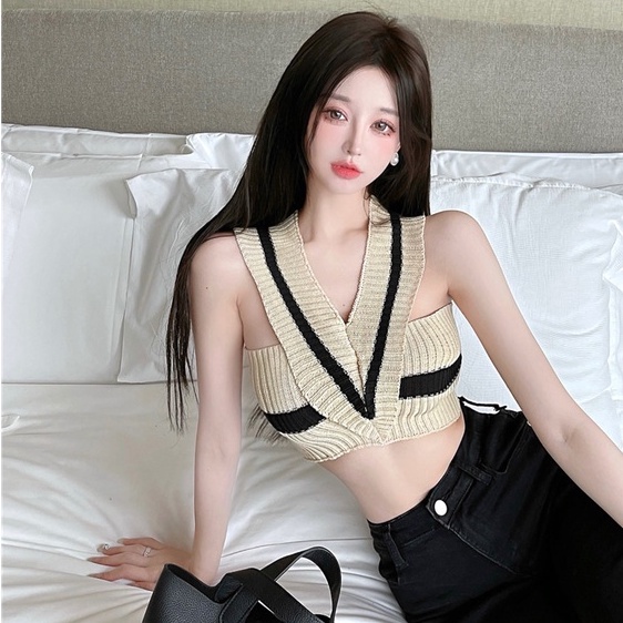 Áo Hai Dây Dệt Kim Họa Tiết Kẻ Sọc Thời Trang