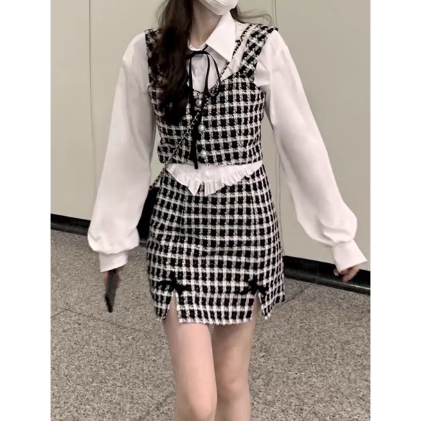 Set Tweed Hai Dây Croptop Caro Chân Váy Chữ A Và Sơmi Croptop Tay Bồng Trắng