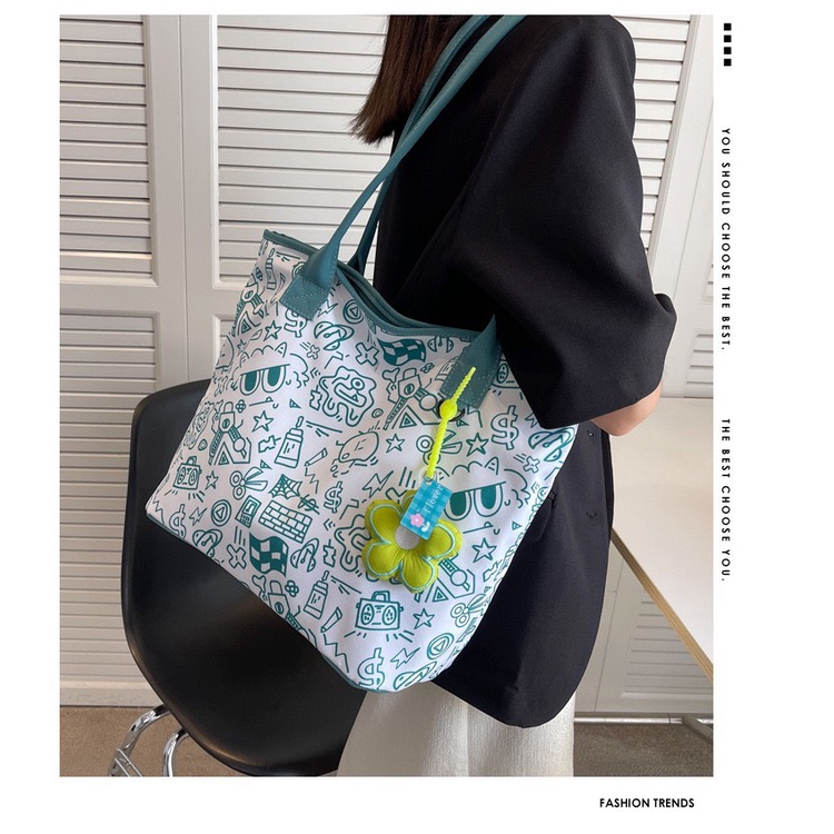 Túi tote đeo vai vải canvas sức chứa lớn hoạ tiết hoa văn độc đáo phong cách Harajuku Hàn Quốc dành cho nữ