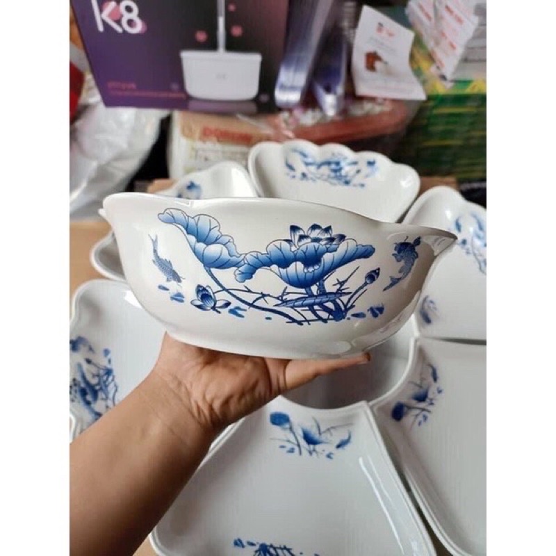 Bộ bát đĩa hoa mặt trời men gốm vẽ hoa màu xanh lam tràm Bát Tràng set bát đĩa hàng chuẩn loại 1 decor bàn ăn dễ thương