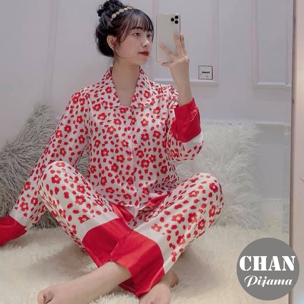 Bộ quần áo mặc nhà Pijama nữ vải lụa satin hàng cao cấp loại 1, họa tiết màu đỏ cực nổi bật và bắt mắt giá rẻ tại hà nội