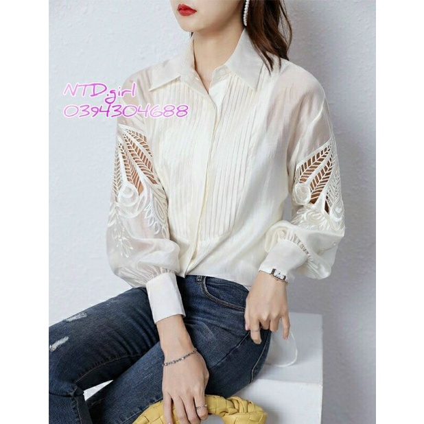 Hàng nhập - Áo sơ mi nữ xô phối ren hoa sang trọng, áo kiểu tay phồng công sở hay hay đi chơi đều đẹp