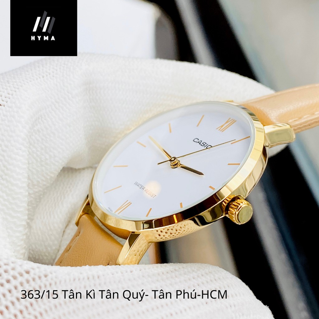 Đồng hồ nữ đẹp dây da viềng vàng Casio LTP VT01GL Mặt đen trắng Size 34mm chống nước 3ATM Bảo hành 1 năm Hyma watch