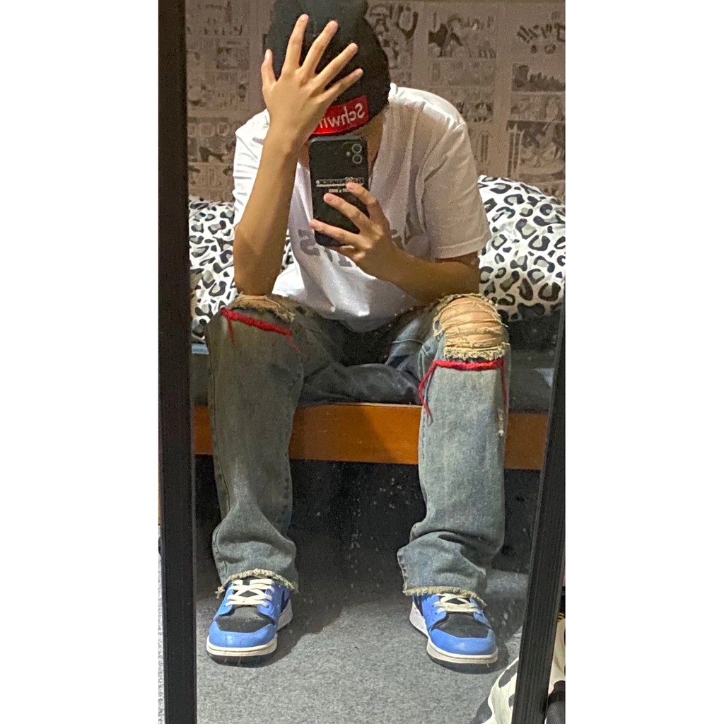 Quần jean ống rộng unisex rách phong cách đường phố | BigBuy360 - bigbuy360.vn