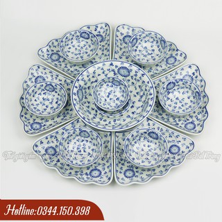 Bộ Bát Đĩa Hoa Mặt Trời Bát Tràng Men Ngọc/Khử Chì Và Kim Loại Nặng/Hoa Đồng Tiền Vẽ Tay