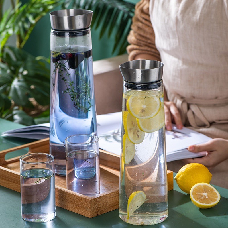 Bình nước thủy tinh, Bình detox dáng cao dung tích 1.4L thủy tinh cao cấp chịu nhiệt, Hàng xuất Âu