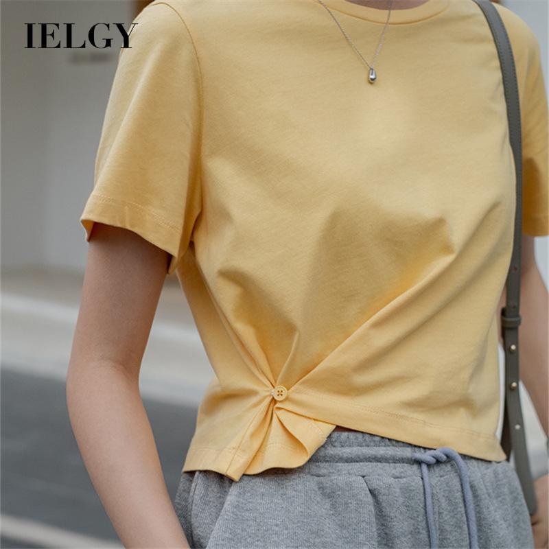 IELGY Áo Thun Ngắn Tay Cổ Tròn Dáng Rộng Màu Sắc Đơn Giản Cho Nữ