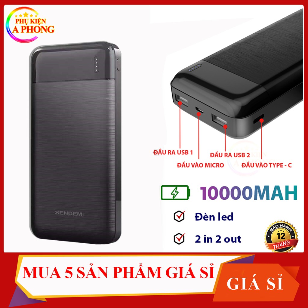 [Sỉ từ 5sp] Sạc dự phòng pin chuẩn 10.000 mAh chính hãng Sendem - Pin sạc dự phòng chất lượng cao - Bảo hành 1 năm