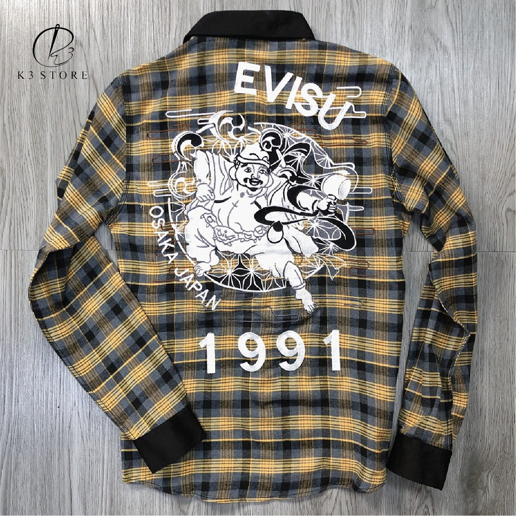 Áo thêu chữ sơ mi nam evisu thêu ông địa chỉ nổi chất kaki sơ mi caro sọc vàng đen dày dặn K3 STORE