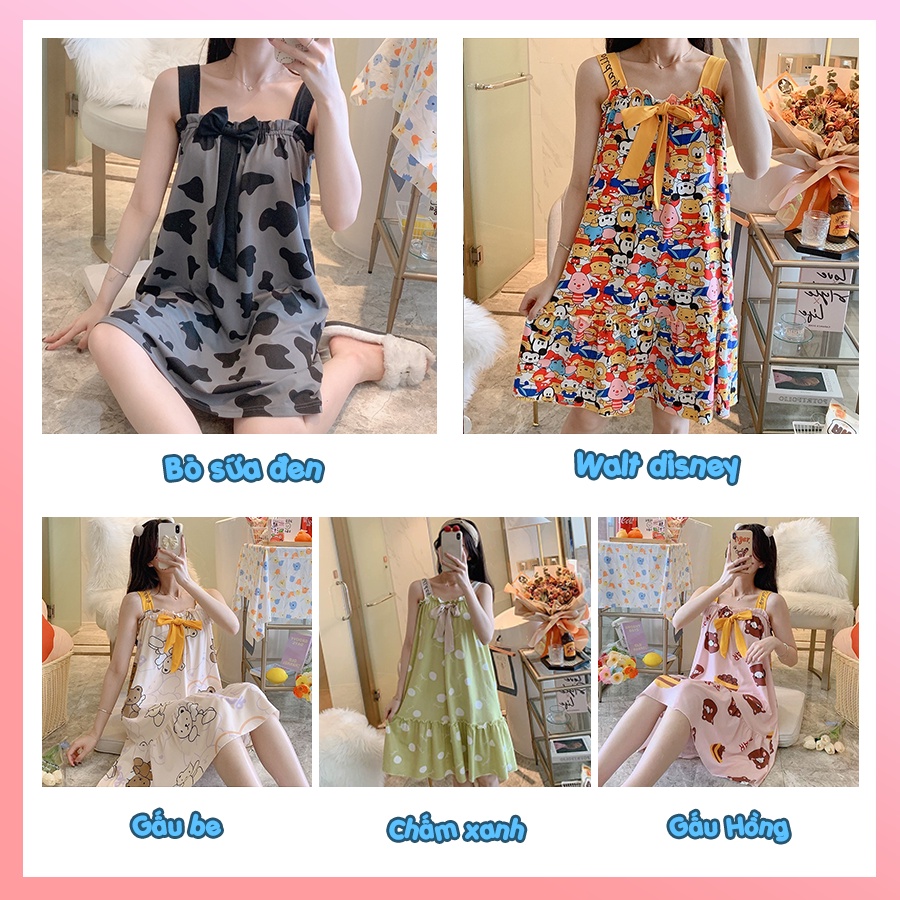 Váy ngủ nữ hai dây dễ thương bigsize qua gối phối nơ cực xinh chất cotton thun sữa mềm mịn VN03