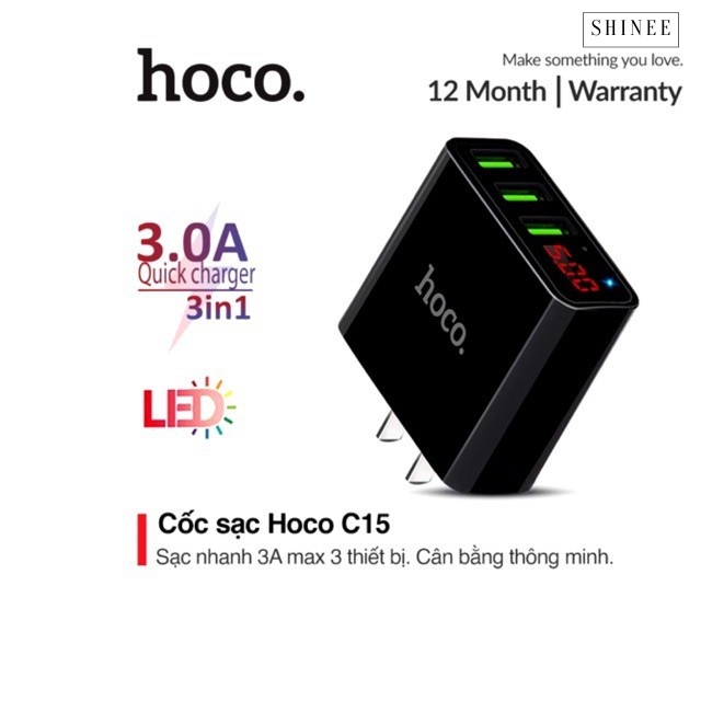Cốc sạc nhanh 3A Hoco C15 màn hình Led báo sạc - Sạc cùng lúc 3 thiết bị