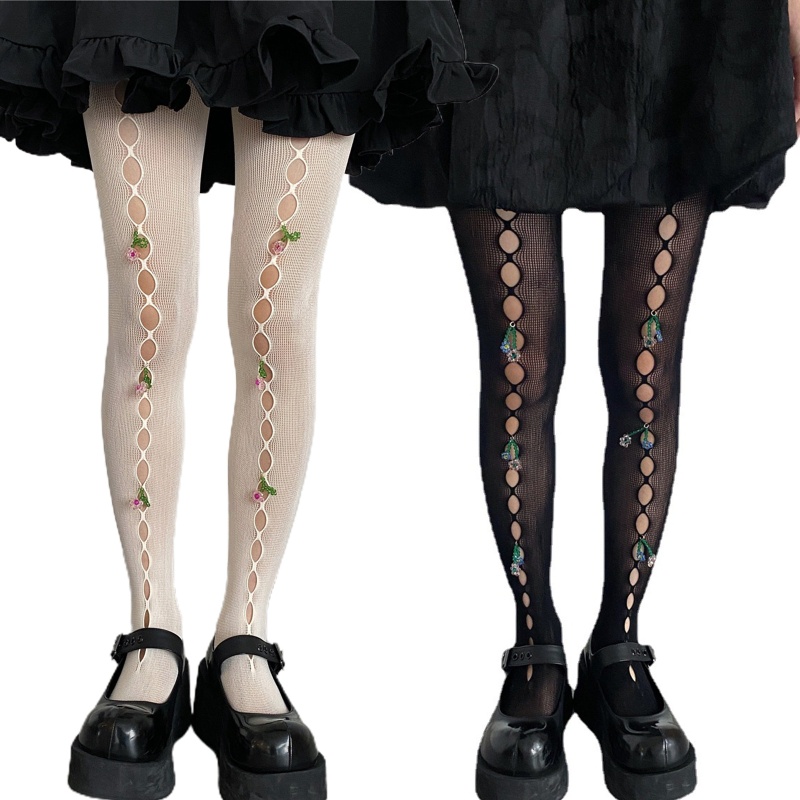 Xiangbao Quần Tất Lưới Khoét Rỗng Đính Pha Lê Phong Cách Lolita Cho Nữ