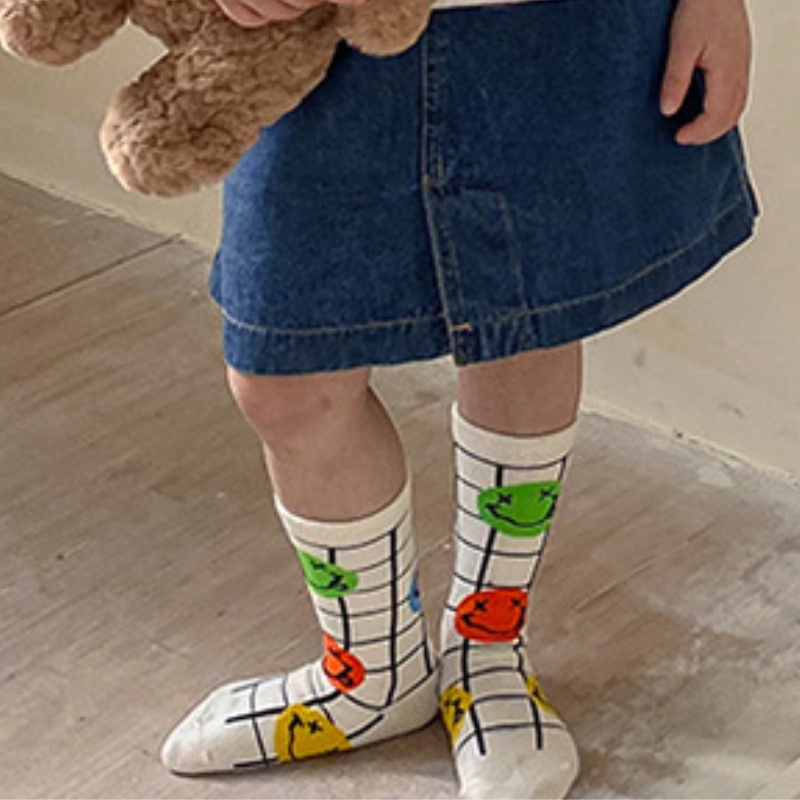 3 Đôi tất KOKOROCARE vải cotton sọc caro mặt cười thời trang cho bé 1-8 tuổi S/ M/ L
