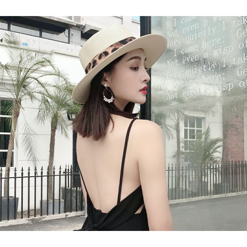 Nón mũ phớt cao bồi nam nữ rộng vành cói đai da beo thời trang Hàn Quốc