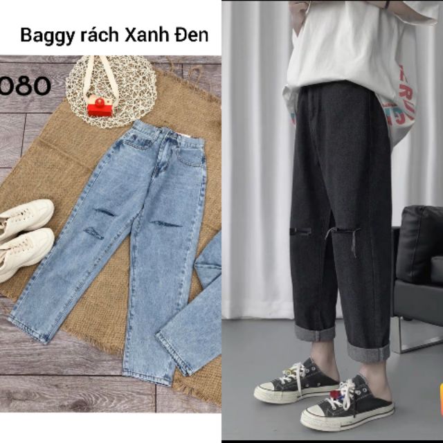 Quần Baggy Jean nữ Rách 2 Màu Xanh Đen