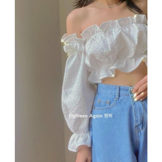 Áo croptop trễ vai tay phồng nhún ngực A36-1 THF, áo crt bẹt vai bo vai chất lụa voan mềm