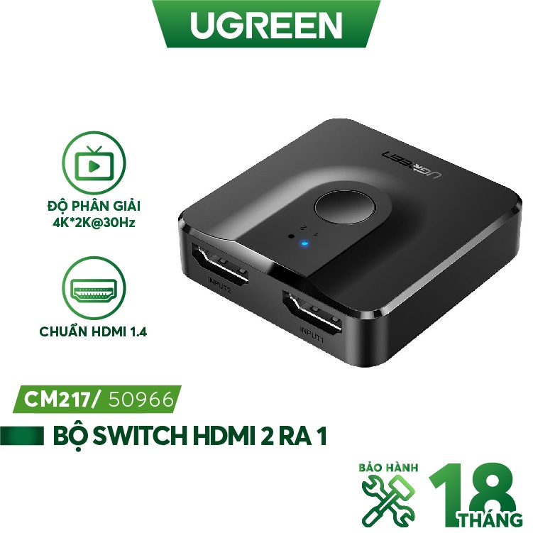 Bộ Switch HDMI UGREEN CM217 50966 2 ra 1 (tương thích ngược 1 ra 2) chuẩn HDMI 1.4