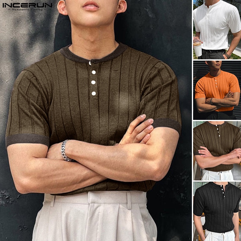 Áo thun INCERUN ngắn tay kẻ sọc thời trang sành điệu cho nam