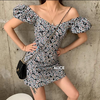 Đầm tay phồng cổ chữ v in họa tiết hoa xinh xắn kiểu pháp thời trang cho nữ