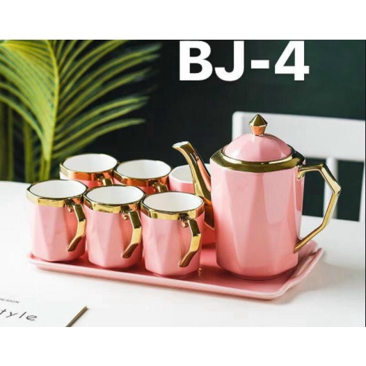 BỘ ẤM CHÉN BJ-4 PHA TRÀ CÀ PHÊ KÈM KHAY MÀU HỒNG VIỀN VÀNG CAO CẤP