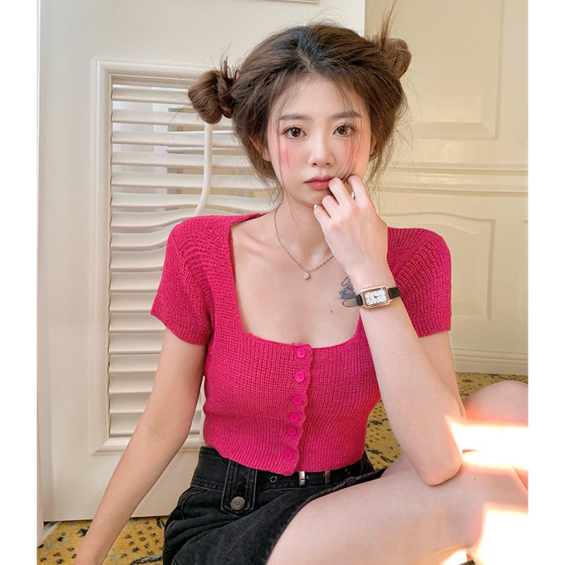 Áo dệt kim COZOKC ngắn tay cổ vuông phong cách cổ điển