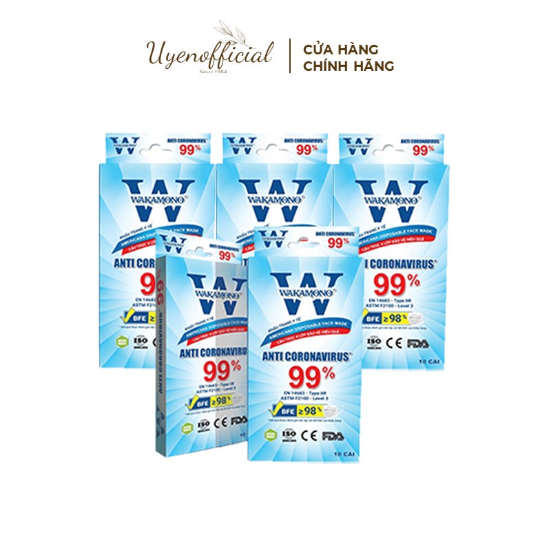 Combo 5 Khẩu trang Wakamono Người lớn - (4 Lớp, Hộp 10 Cái)