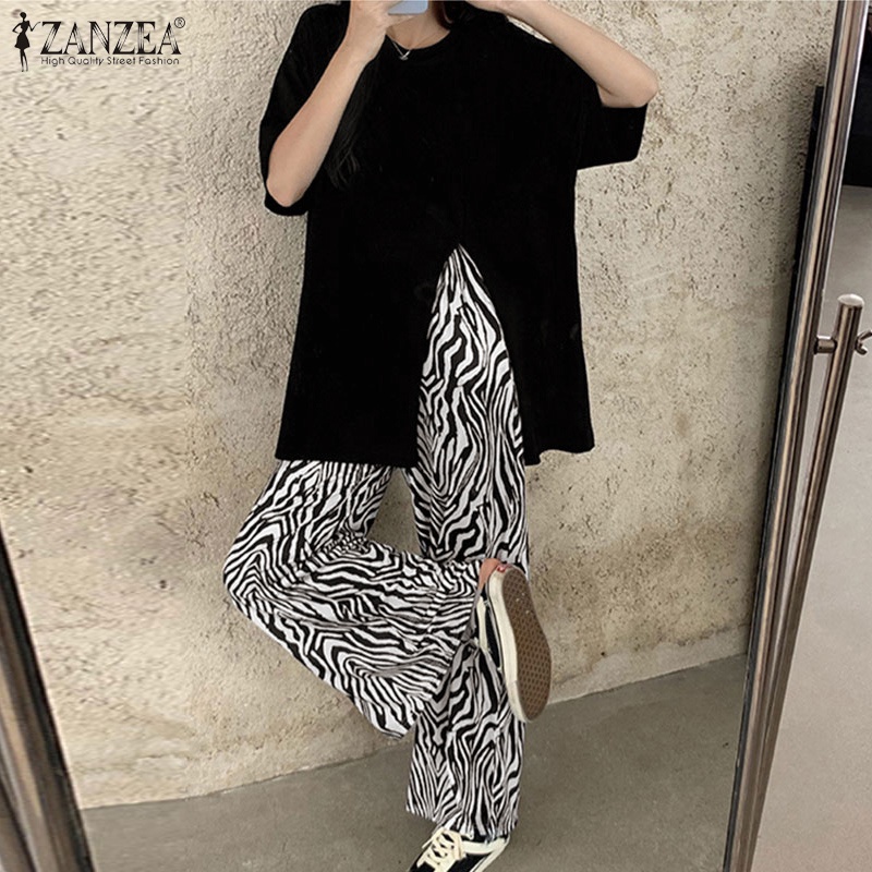 Set đồ 2 mảnh Zanzea gồm áo thun tay ngắn cổ tròn kèm quần dài lưng thun thời trang cá tính cho nữ