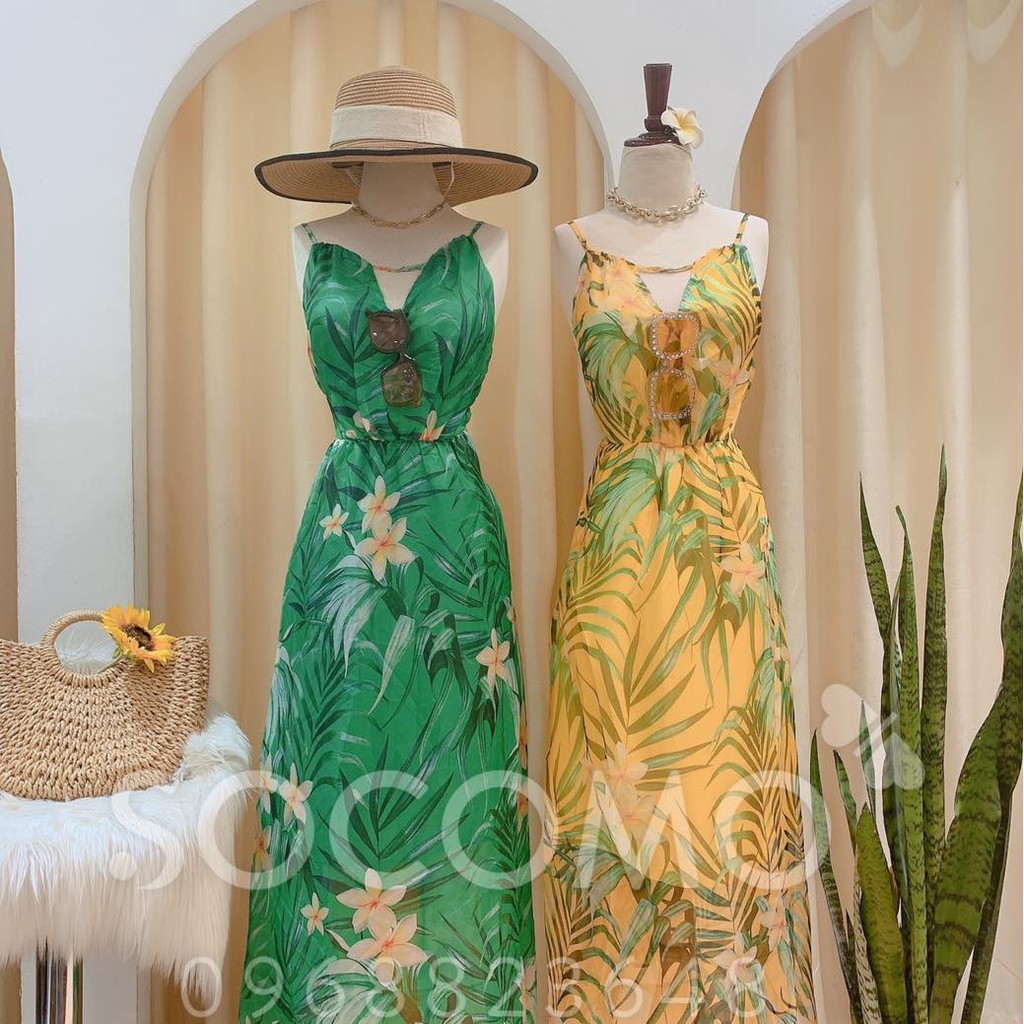 Váy maxi tơ hoa lá thiết kế hở lưng cổ yếm - Hàng loại 1, chất đẹp - Giá tốt - 100% ảnh Socomo tự chụp