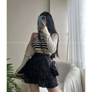 Set áo len- áo yếm len sọc / Chân váy đen tầng ép nhăn