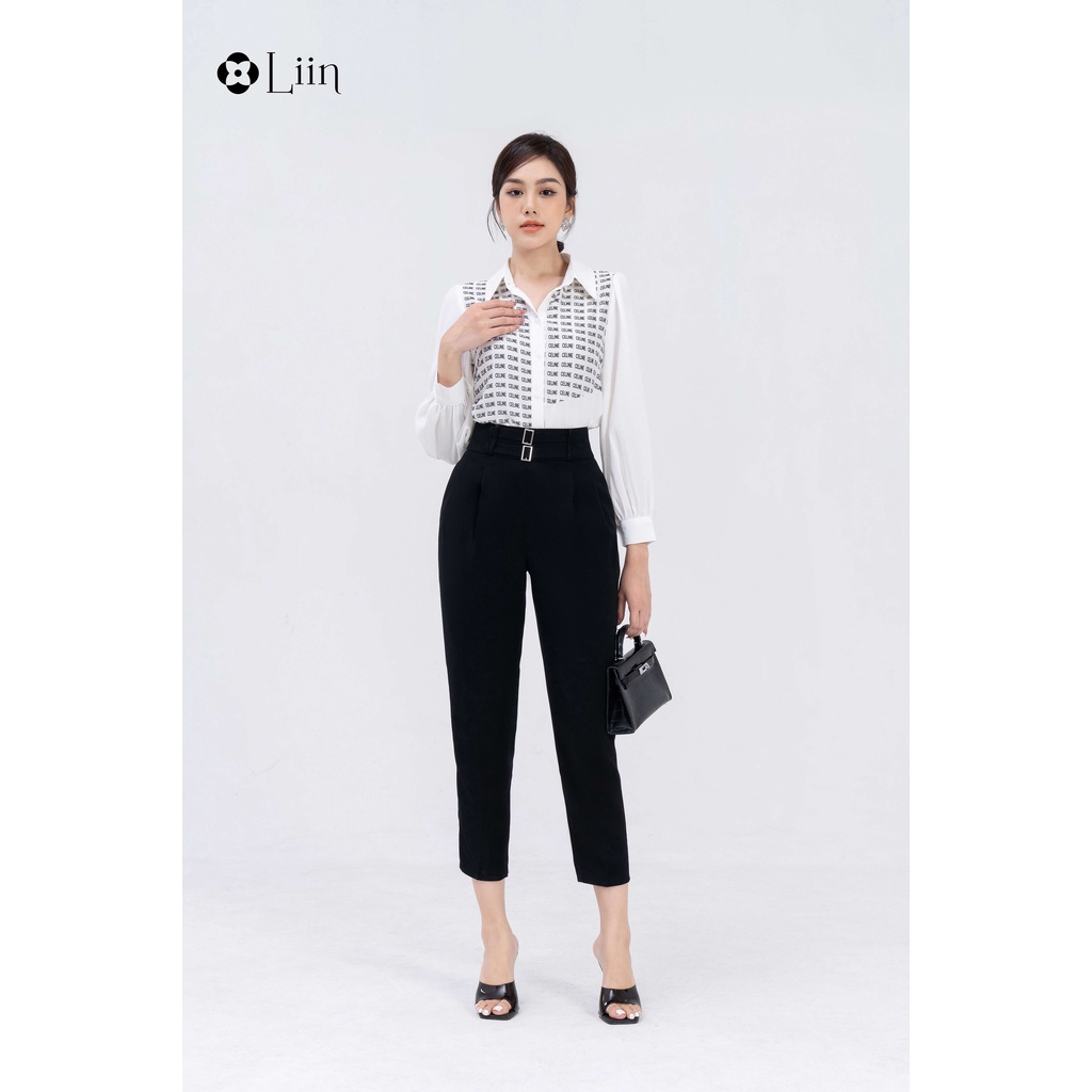 Áo sơ mi công sở linbi thiết kế dài tay phối họa tiết chữ cách điệu tay phồng liin clothing SM4648