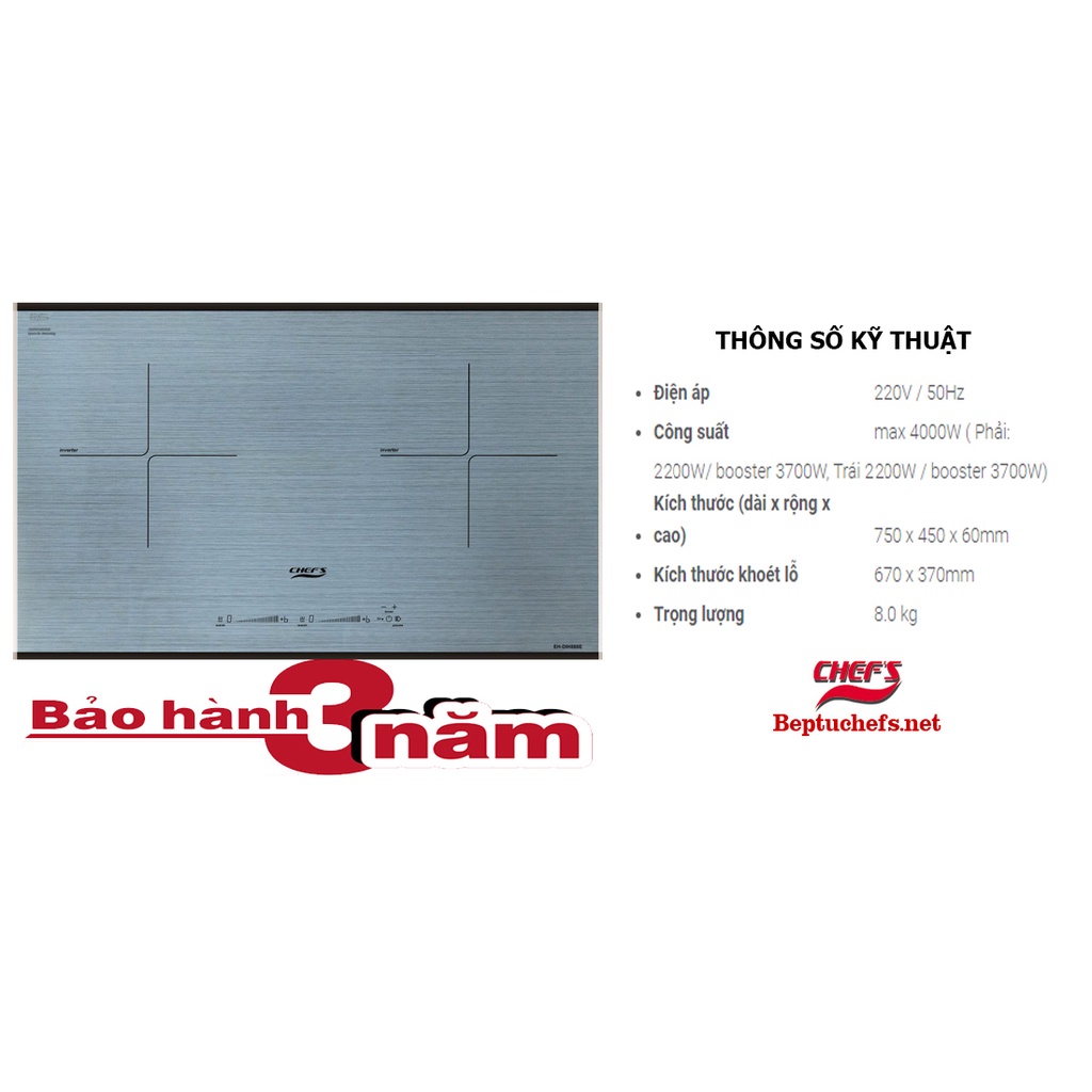 Bếp từ đôi Chefs EH-DIH888E - Xám, 750x450mm, Công nghệ Inverter
