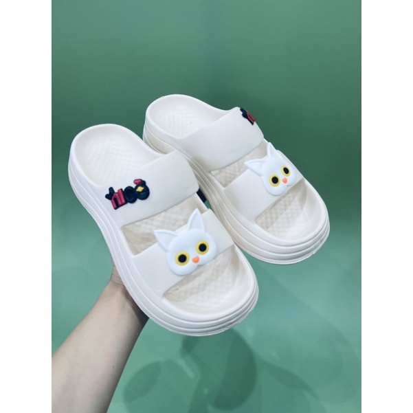 Dép Bánh Mì Nữ, Dép 2 Quai Ngang Đính Mèo Đế Độn 7cm Hack chiều cao siêu đẹp