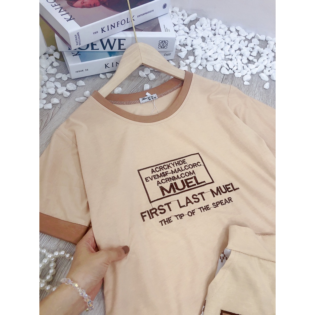 Set bộ MUEL áo cotton tàu mịn hình thêu chữ nổi tỉ mỉ mix quần thô kaki phối túi