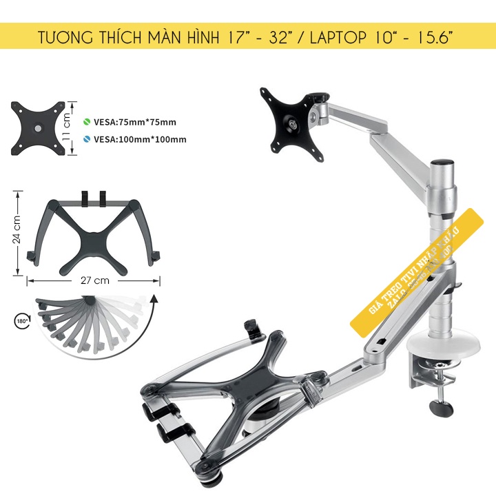 Giá Treo Màn Hình 17 - 32 Inch Kèm Kệ Đỡ Laptop / Macbook / Ipad 10 - 15.6 Inch - Hợp Kim Nhôm Cao Cấp - Model: OA - 7X