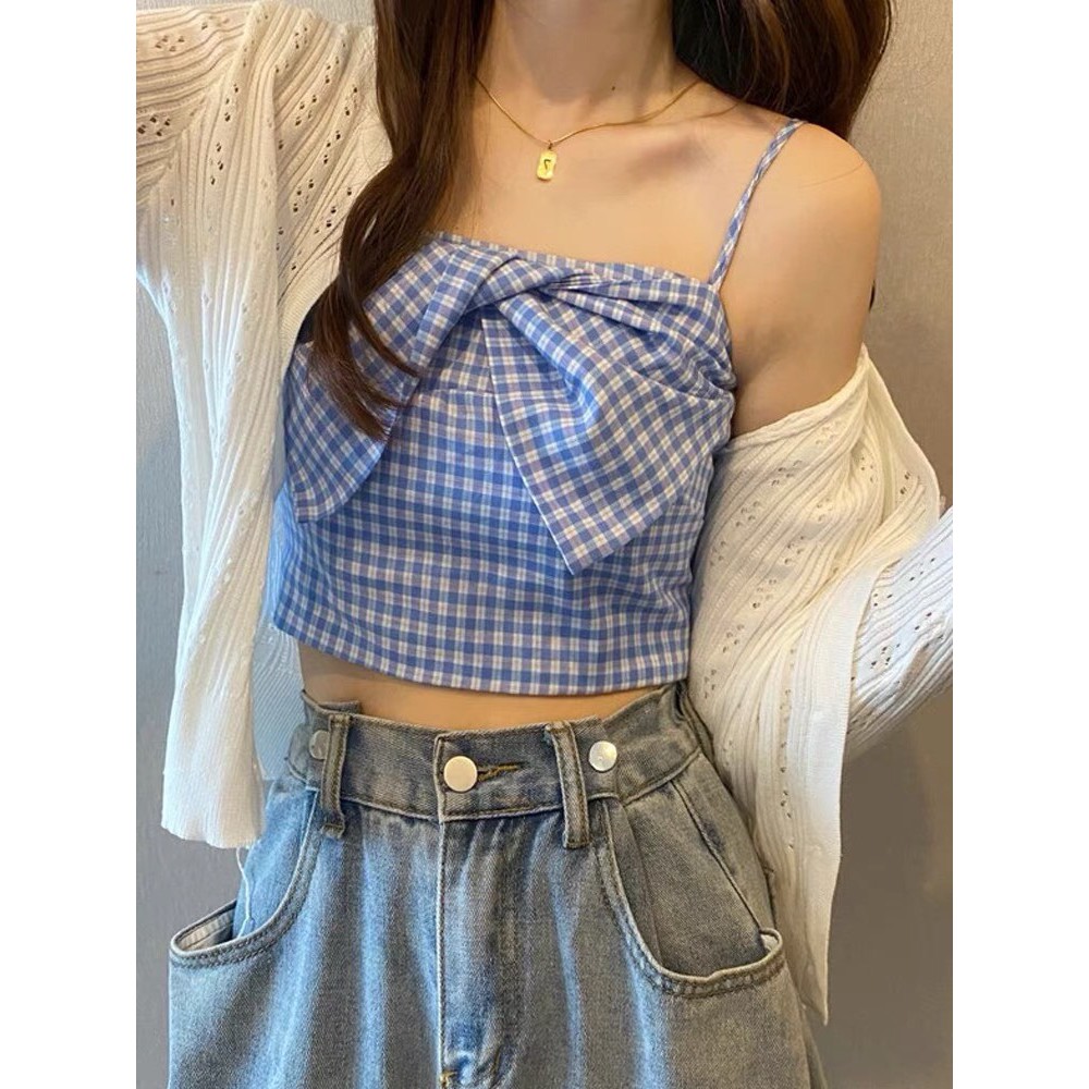 Áo 2 dây nơ trước caro kèm cardigan trắng mỏng