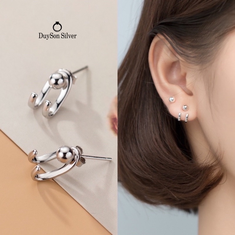 Khuyên tai bạc nữ 2 hàng móc phía sau, bông tai bạc unisex bạc Ý 925 cao cấp DUYSON SILVER(1 đôi) [KNXK18]