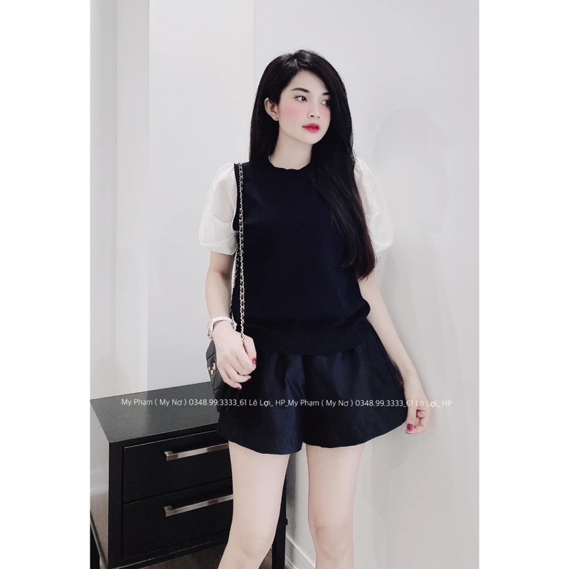 BÁN SỈ ÁO LEN CỔ TRÒN PHA TAY VOAN 2 MÀU ĐEN KẺ CHO NỮ | BigBuy360 - bigbuy360.vn