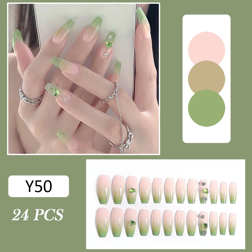 Bộ 24 Móng Tay Giả 3D Màu Xanh Lá Gradient Bóng Thời Trang Phong Cách Pháp Cho Nữ